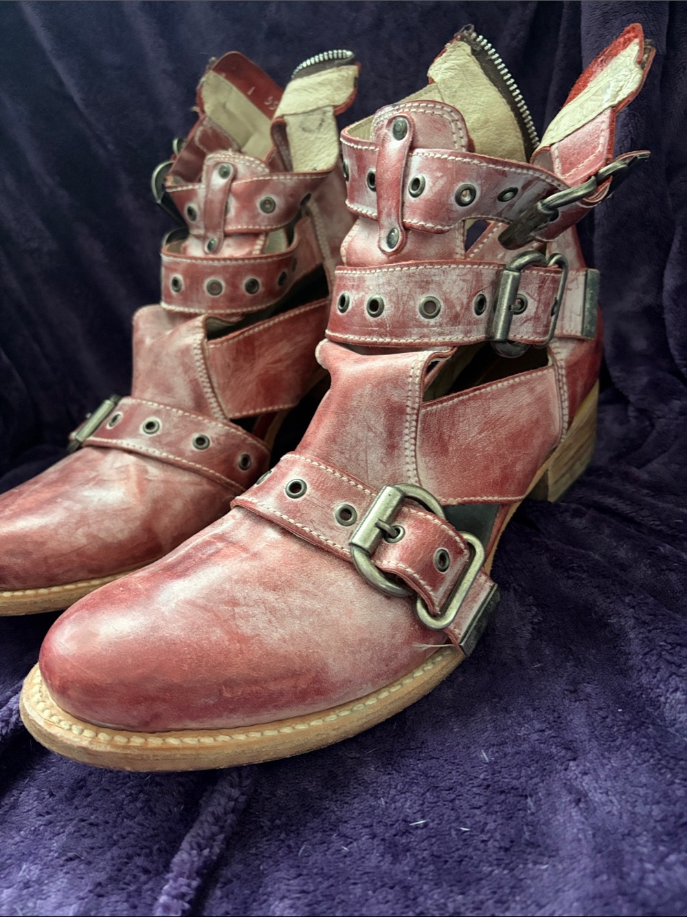 Freebird by Steven,  “Gracie” 12 Distressed Red Leather Buckle Ankle Booties